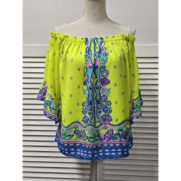 Lilly Pulitzer Fawna Top Womens Medium Off Shoulder Blouse Pineapple Rivera Loro - Picture 1 of 7